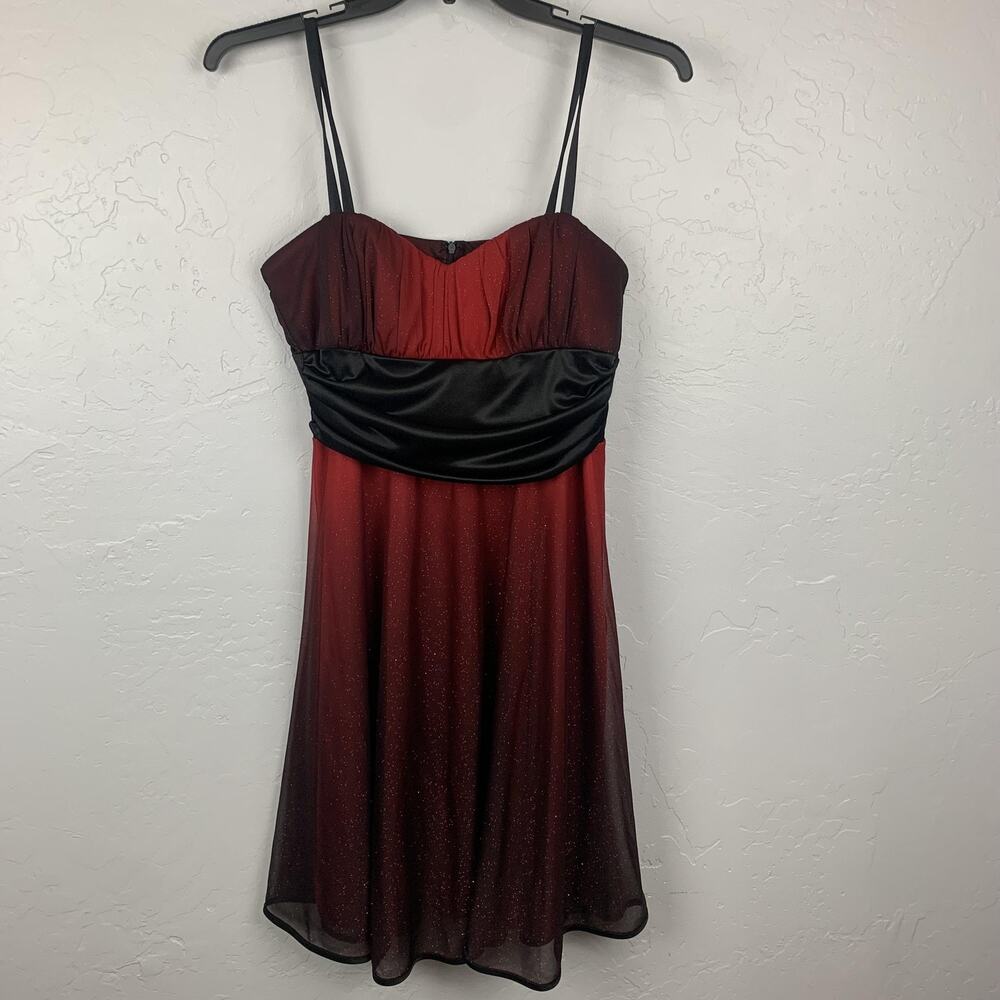 Y2K 1990s Party Dress Womens 12 Red Black Ombre Glitter Party Cocktail Coquette